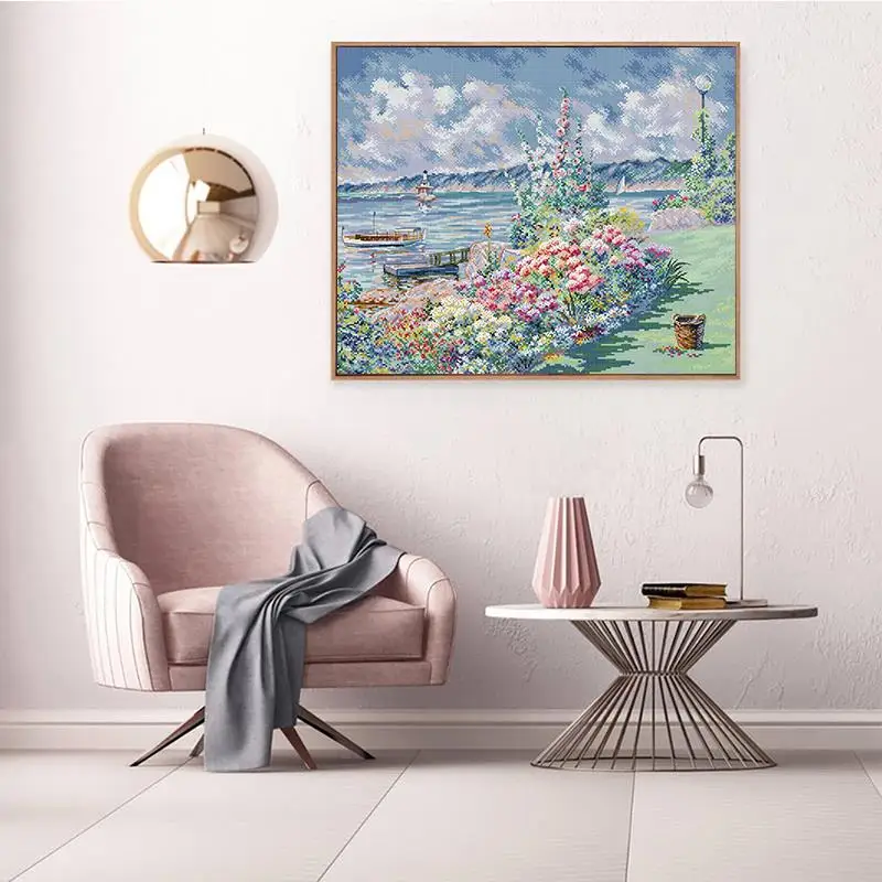 Flower Coast Oil Painting Scenic Pattern Cross Stitch Set 14CT 16CT 11CT Counted Canvas Printed Embroidery Kits DIY Home Decor