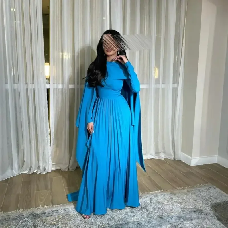 

Indie Long Blue Crepe Evening Dresses With Cape A-line Charm Floor Length Pleated Prom Dress Curtains De Soirée Customized