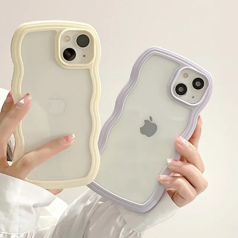 Fashion Transparent Curly Wave Case For iPhone 16 11 12 13 14 15 Pro Max 7 8 Plus XR XS Shockproof Bumper Cover Capa Aesthetic