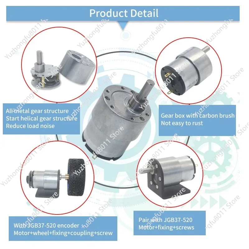 DC Gear Motor High Torque 37mm 6V/12V/24V All Metal Gear Box 7RPM-960RPM Gearmotor Eccentric Shaft Geared Motor JGB37-520 view 4