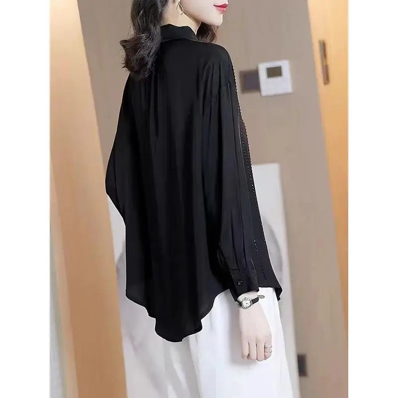 Black High-end Shirt for Women\'s 2024 Spring Autumn New Western-style Long Sleeved Temperament Loose Fit Versatile Coat Top