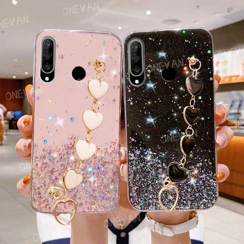 Luxury Glitter สายรัดข้อมือ Love Heart สร้อยข้อมือเคสโทรศัพท์สําหรับ Huawei P30 Lite P20 Mate 20X Y7 Y9 Y6P Y7P Y7A Y9A Y9S ฝาครอบกันชน