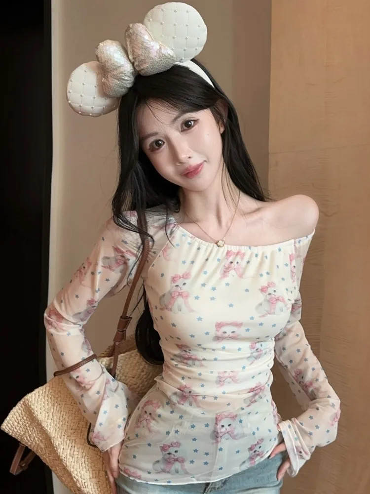

Sweet Cartoon Print Long Sleeve T-Shirt Women's Summer Sexy Slimming Short Top Shoulder Bared One-Shoulder Fit Citywalk Polye...