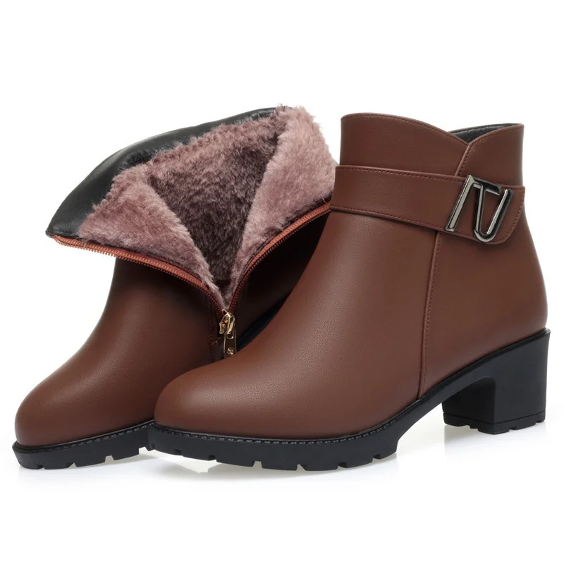 Comfort Soft Leather Women Round Toe Zipper Anti-slip Middle Heel Short Boots Winter Warm Thick Wool Thick Sole Snow Boots