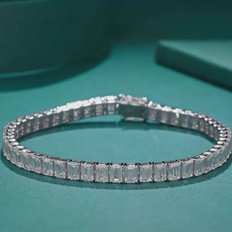 Real 14K White Gold 0.5ct Each Stone Lab Created Diamond (CVD hpht) Emerald Cut DEF Color Tennis Line Bracelet 18cm