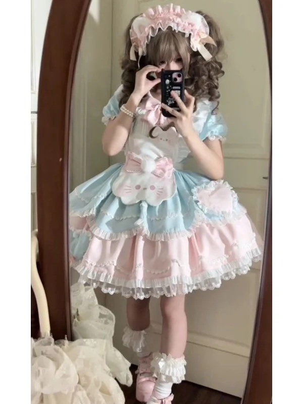 

Платье в стиле Лолита Sweet Tea Girl, с цветовыми блоками, рукавами-фонариками, приталенное, с фартуком, комплект из двух предметов, с коротким рукавом, круглым вырезом, летнее.