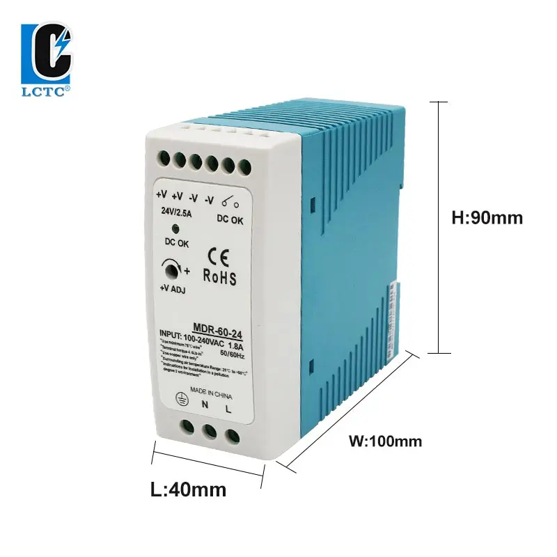 60W DC 5V 12V 24V 48V Tensione di uscita 1.25A 2.5A 5A 10A MDR-60 Tipo su guida Trasformatore di alimentazione a commutazione