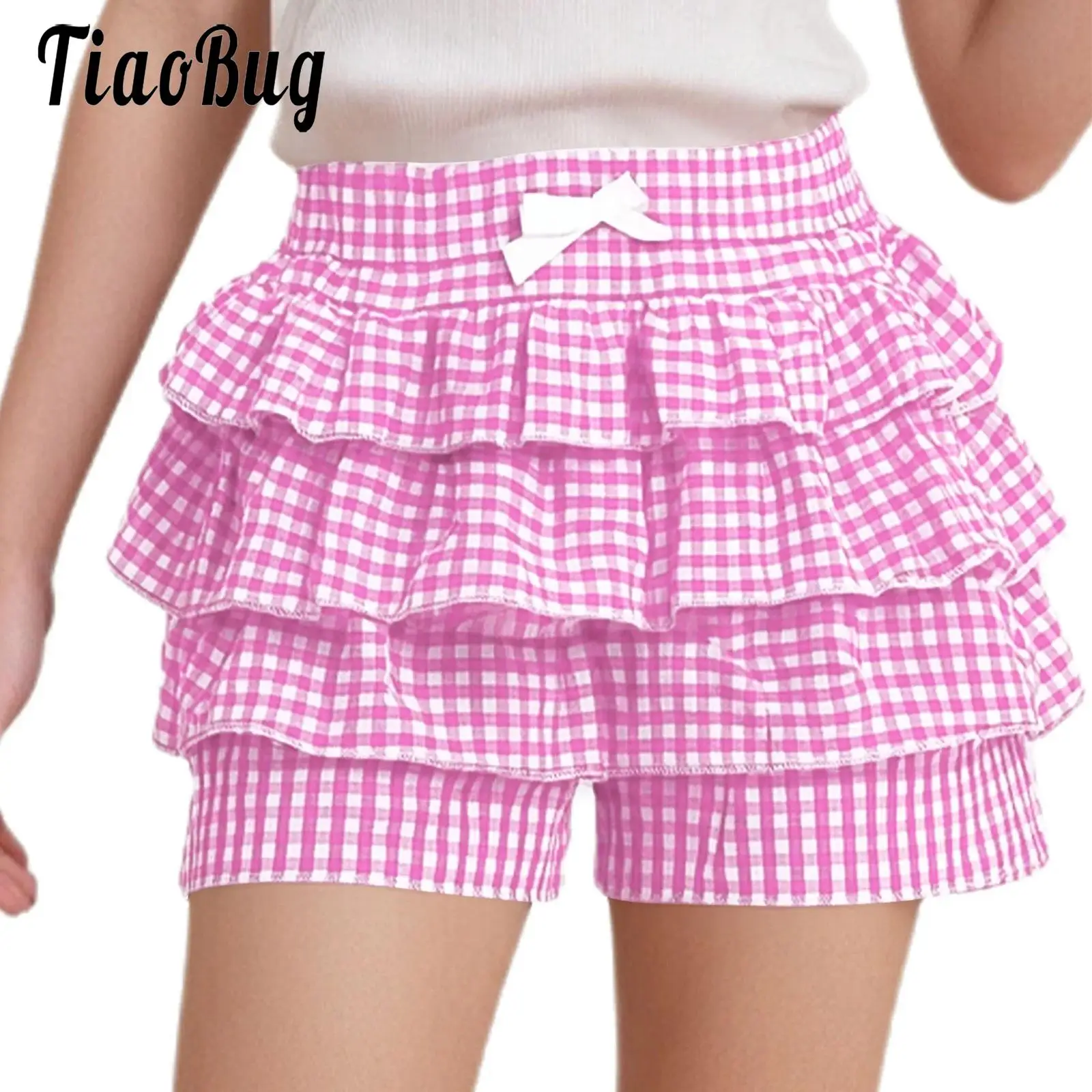 

Girls Fashion Plaid Printed Tiered Ruffle Shorts Sweet Lolita Elastic Waistband Bow Shorts for Halloween Theme Party Cosplay