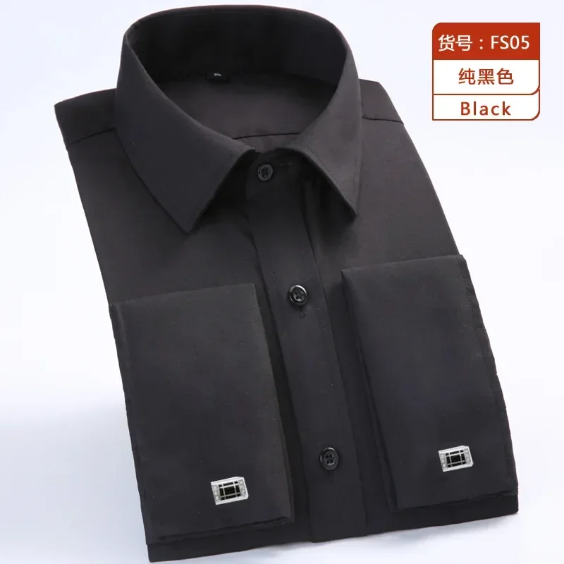 M~6XL Mens French Cuff Dress Shirt 2024New Long Sleeve Formal Business Buttons Shirts Regular Fit Cufflinks Wedding Tuxedo Shirt