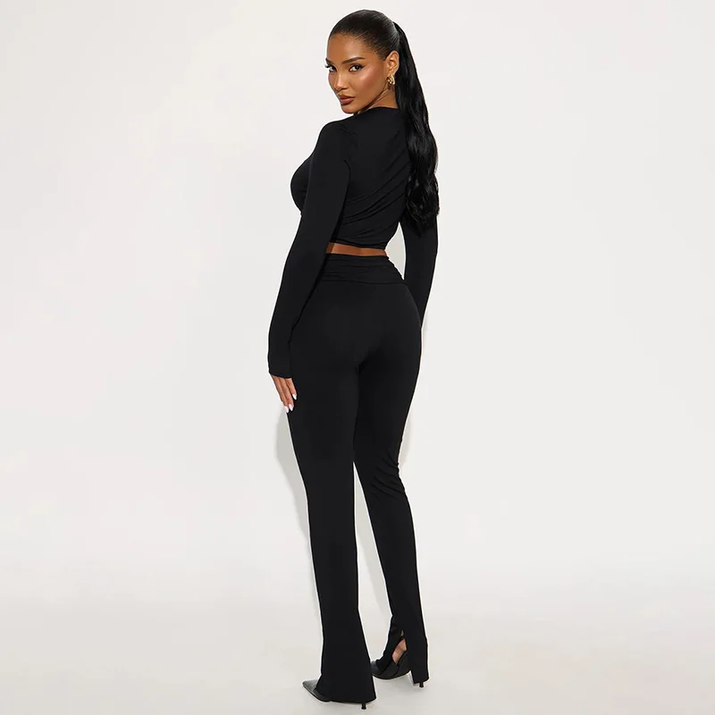 الصلبة تقسم المعادن قطعتين مجموعات للنساء الخامس الرقبة قصيرة الأكمام قمم قصيرة عالية الخصر السراويل الطويلة شيك مجموعة أزياء الإناث