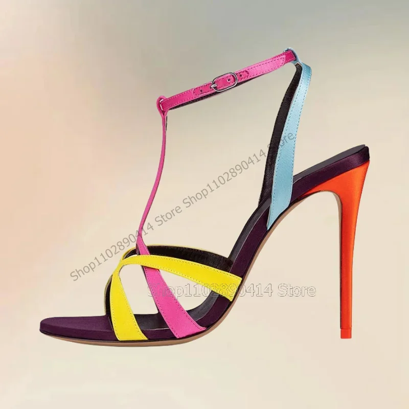 Sandálias femininas com tiras de cores mistas, design oco, dedo aberto, fivela no tornozelo, sapatos finos de salto alto, romance 2025 zapatos para mujere