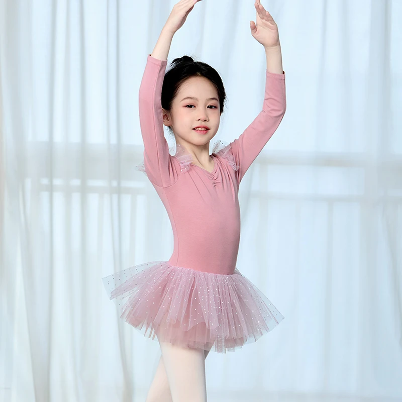 Justaucorps de ballet à manches longues pour filles, robe tutu de ballet pour enfants, olympiques de batterie de danse, jupes gonflées d'anniversaire roses pour enfants