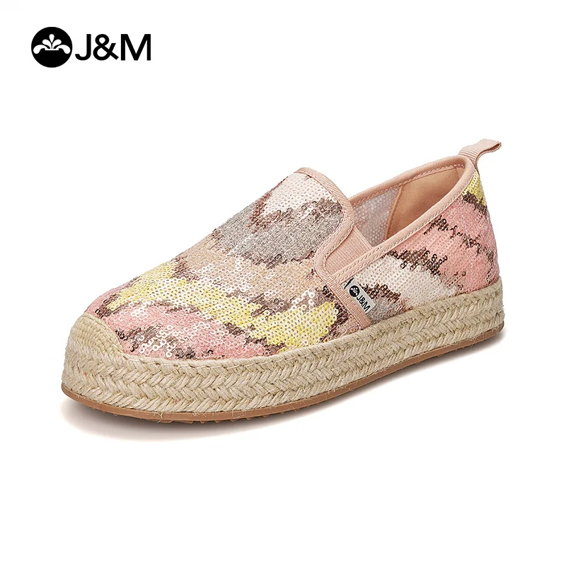 J&M Fisherman Shoes Women Casual Shoes Fashion Spring Summer Sequins Espadrilles Mesh Breathable Platform Slip-on Shoes Sneakers