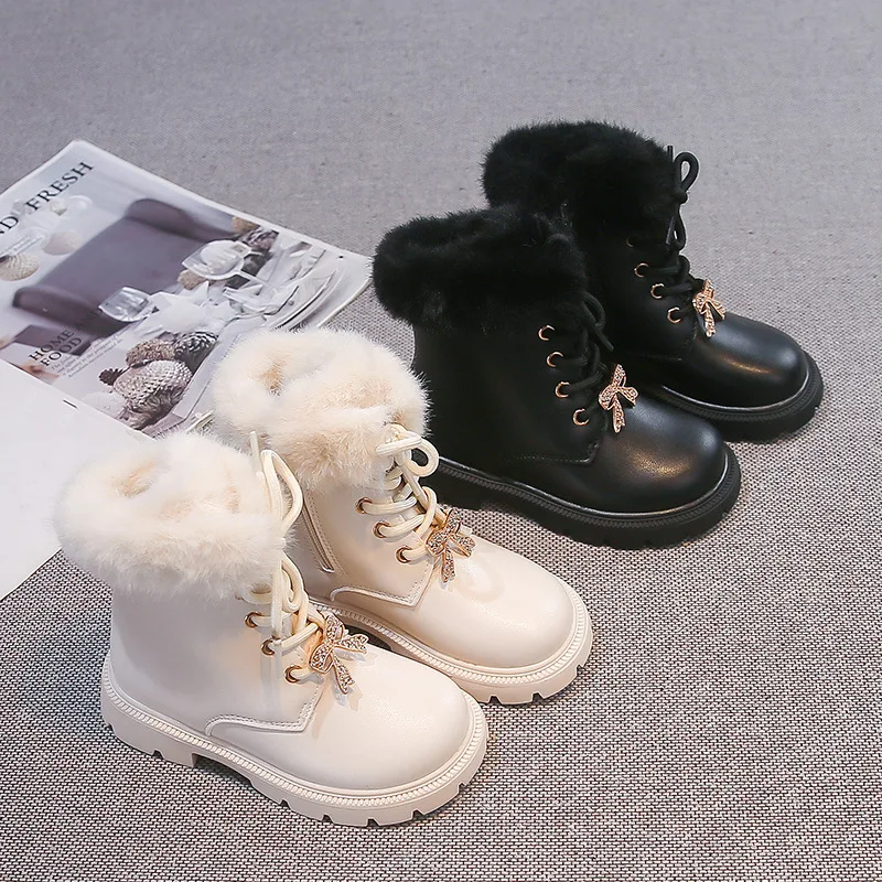 Kids'Boots Solid Color PU Leather Bow Plush Fashion Winter Shoes For Children Anti-slip Warm Black White Shoes Size 26-36