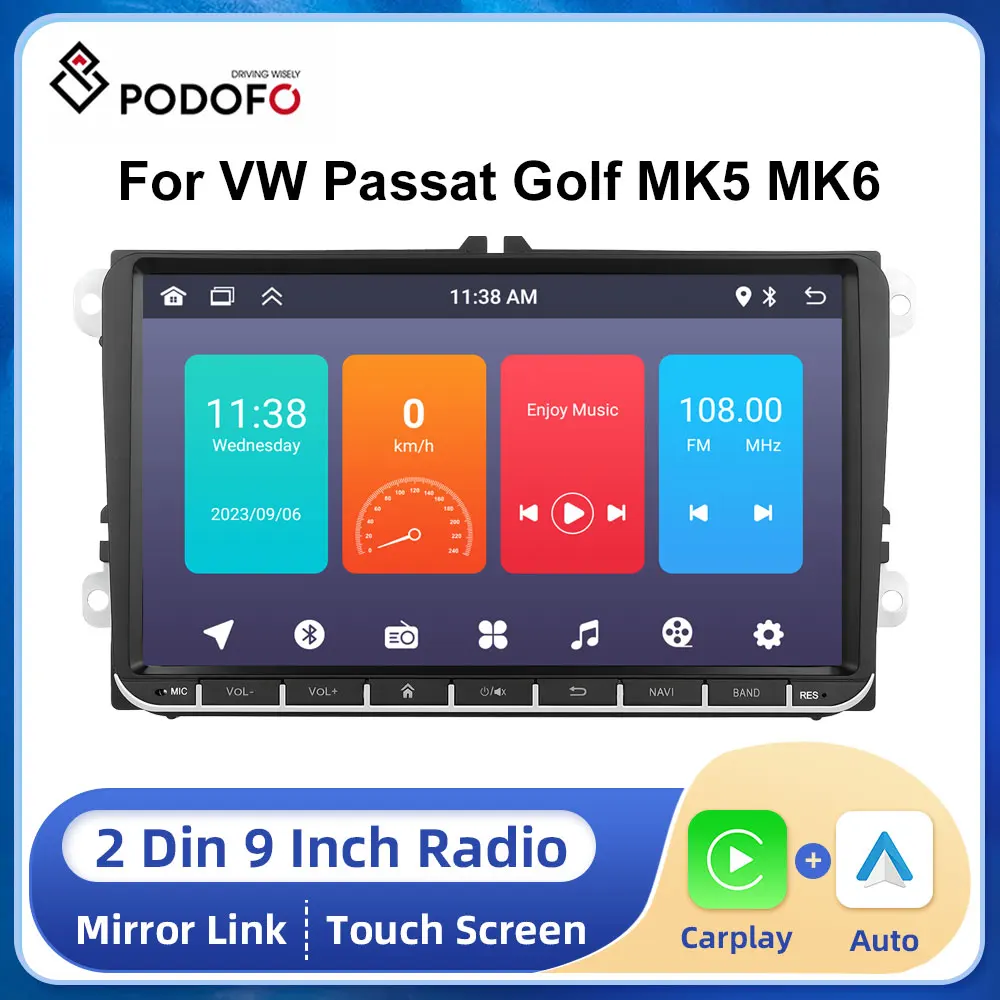 Podofo 2 Din Car Radio With Android 9 Cal Carplay RDS FM WiFi Multimedia Car Radio for VW Volkswagen Passat B6 B7 Skoda POLO