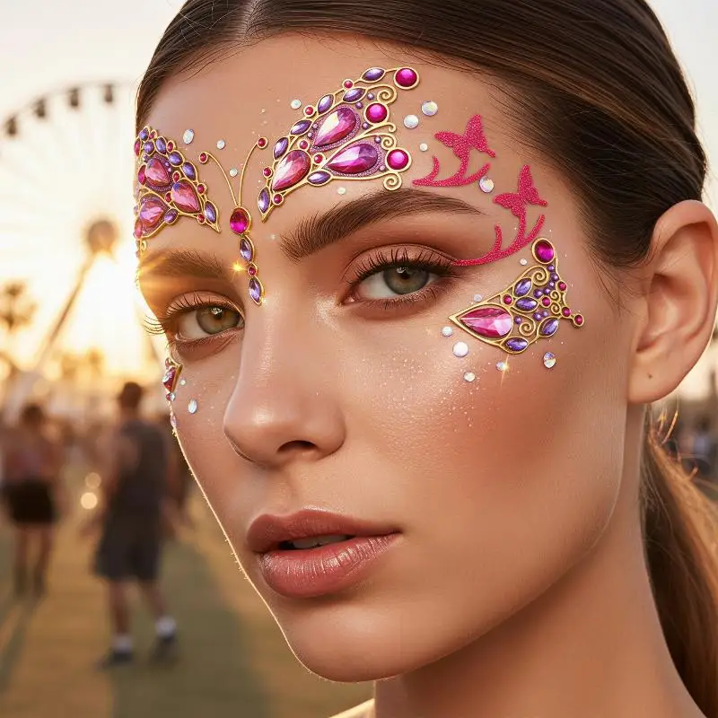 3D Butterfly Face Gem Stickers Shiny Rhinestone Self Adhesive Easy to Remove for Festival Rave Stage Show Makeup Decor