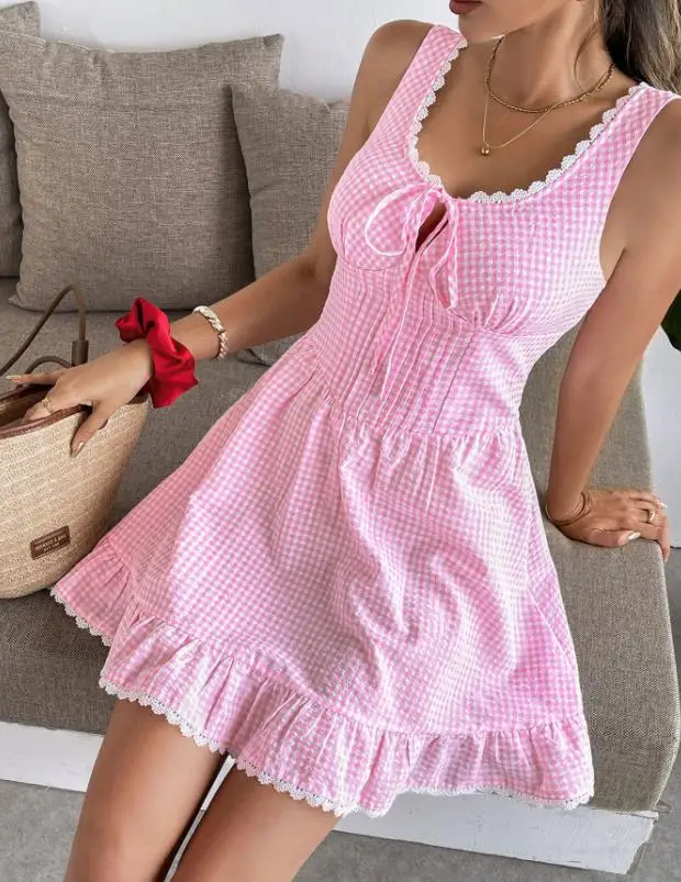 Womens Dresses 2026 New Spring Summer Solid Color Sweet Girl Lace Bow Strap Strap U-Neck Sleeveless Slim Daily Mini Dress