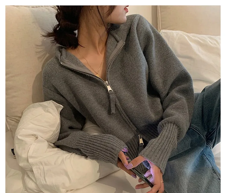 

Double Zipper Hoodie Knitted Cardigan Hong Kong Sle Outerwear Sweater Commute Sle Regular Thin Long Sve V-Ne