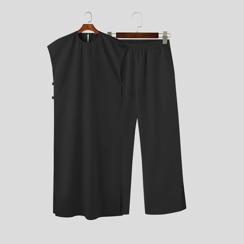 Männer Sets Muslimische Kleidung Saudi-Arabien 2023 Solide Oansatz Ärmellose Kaftan Jubba Thobe & Hosen 2PCS Islamische männer Anzüge INCERUN