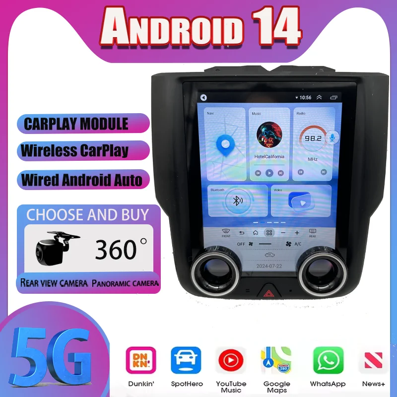 Android14 ل دودج رام 1500 2500 3500 2013-2018 راديو السيارة الصوت الوسائط المتعددة ستيريو نظام تحديد المواقع المزدوج مقبض مشغل فيديو CarPlay Navi