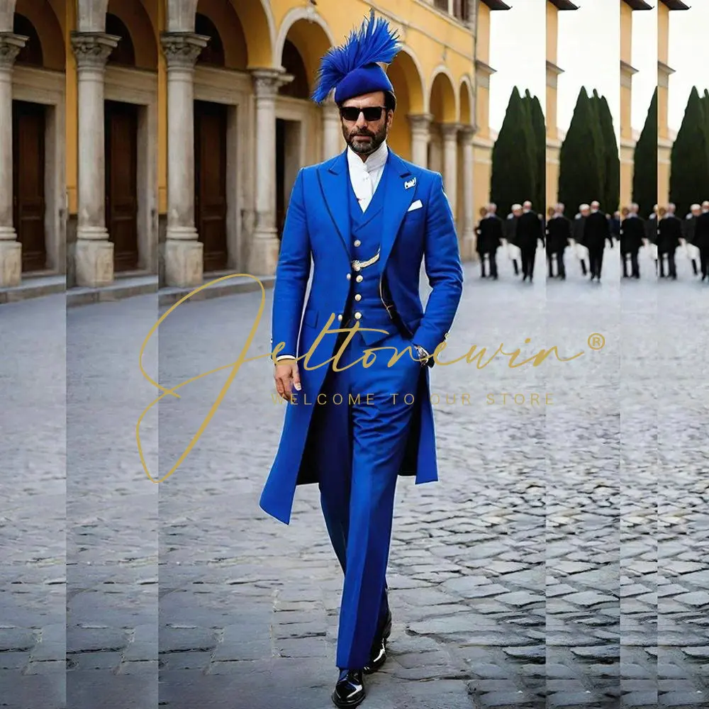 

Royal Blue Men Suits 3 Piece Long Jacket Vest Pant Peaked Lapel Tailcoat Outfits Business Casual Office Wear Wedding Tuxedos