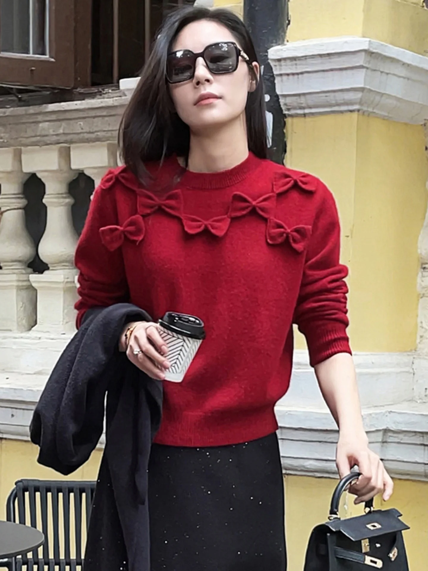 

Свободный пригородный трикотаж Long Sve Верхний женский модный базовый удобный топ средней зимы с узлом