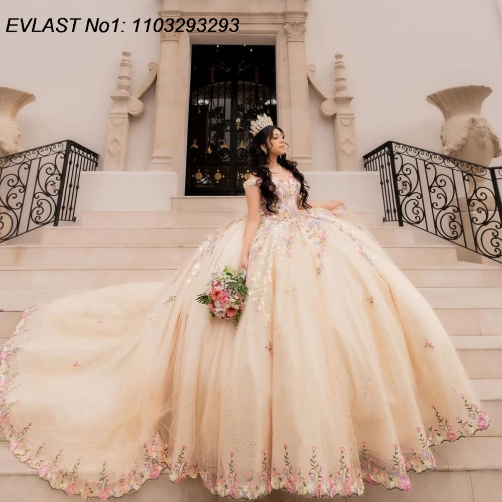 

EVLAST блестящее платье Quinceanera цвета шампанского по индивидуальному заказу, бальное платье с 3D цветочной аппликацией и бисером, Sweet 16, Vestidos De 15 Anos E1QN467