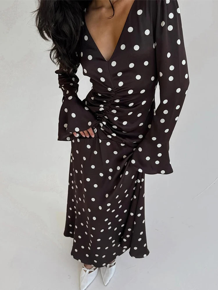 Trendix Brown Dot Print Maxi Dresses Femme Vintage Slim Pleated Long Sleeve Dress Autumn New Party Sexy V Neck Long Dress 2025