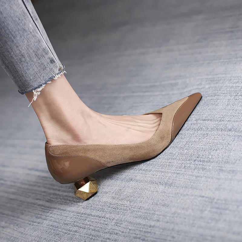 Fashion Elegant Women\'s High Heels Pointed Toe Shoes Houndstooth Metal Embellished Boat Shoe Party Dress Shoes Zapatos De Mujer