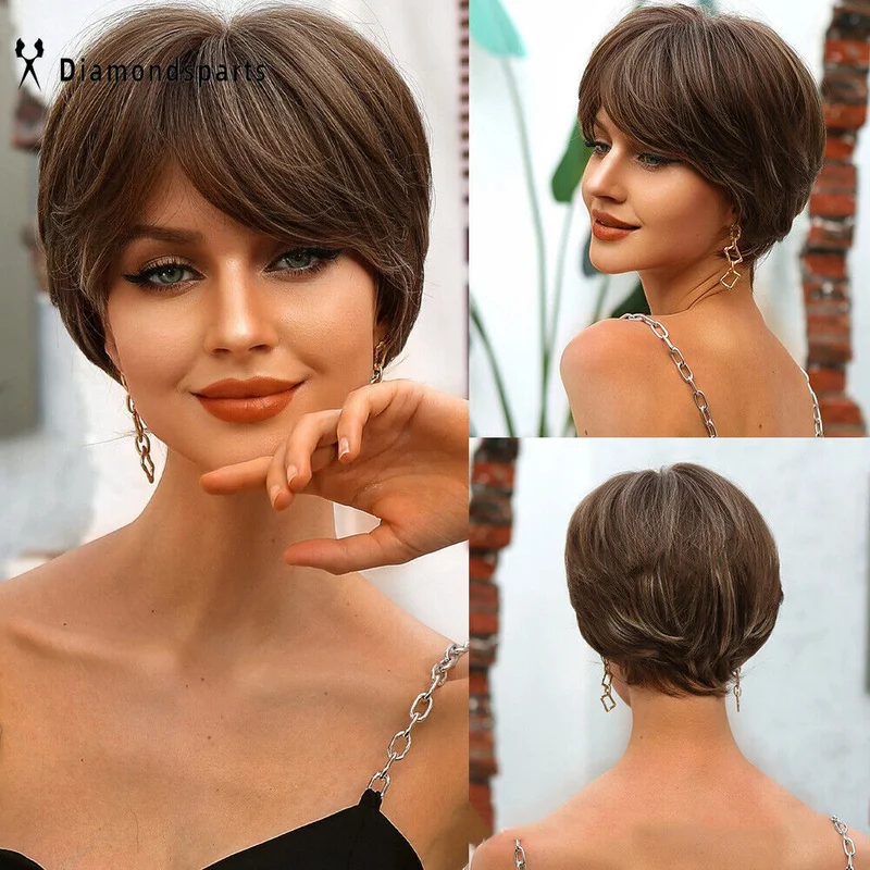 

Women Short Chestnut Brown Mix Fluffy Layered Synthetic Hair Daliy Costume Wigs