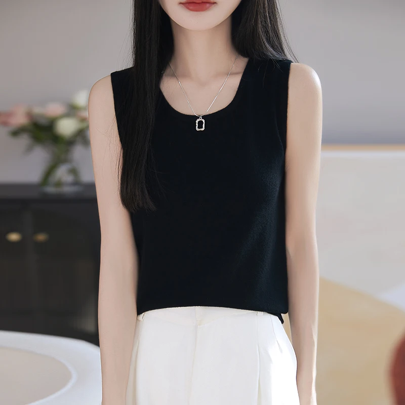 

Spring New Fine Spun 100% Wool Women's Round Neck Knitted Sweater Sleeveless Vest Slim Fit Short Base Sweater