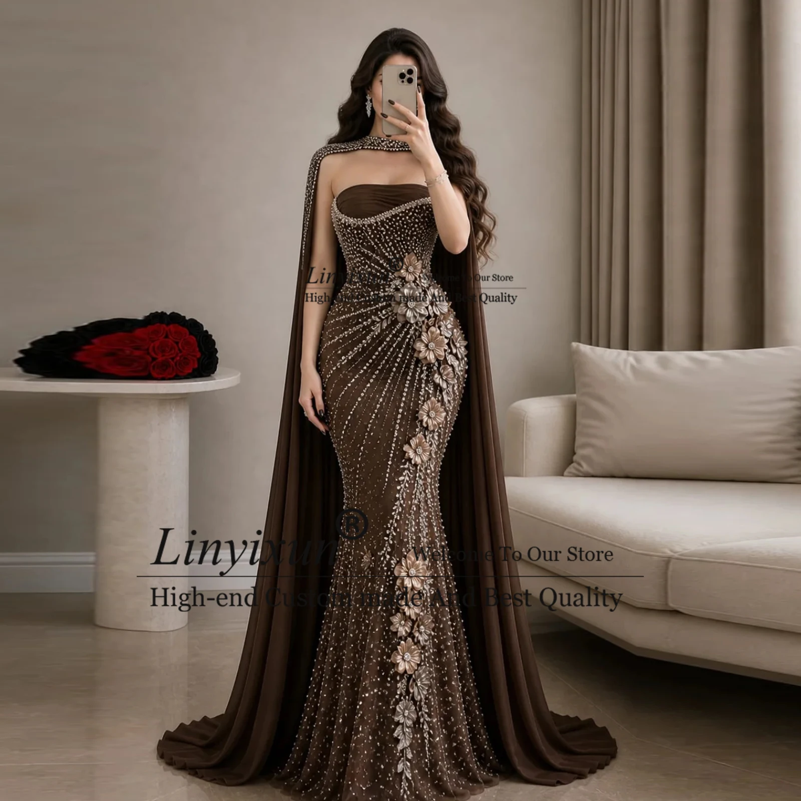 Luxuriöse trägerlose Meerjungfrauen-Abschlussballkleider mit Cape-Schal, Kristallperlen, 3D-Blumenapplikationen, Abendkleider, Vestidos de Cerimônia