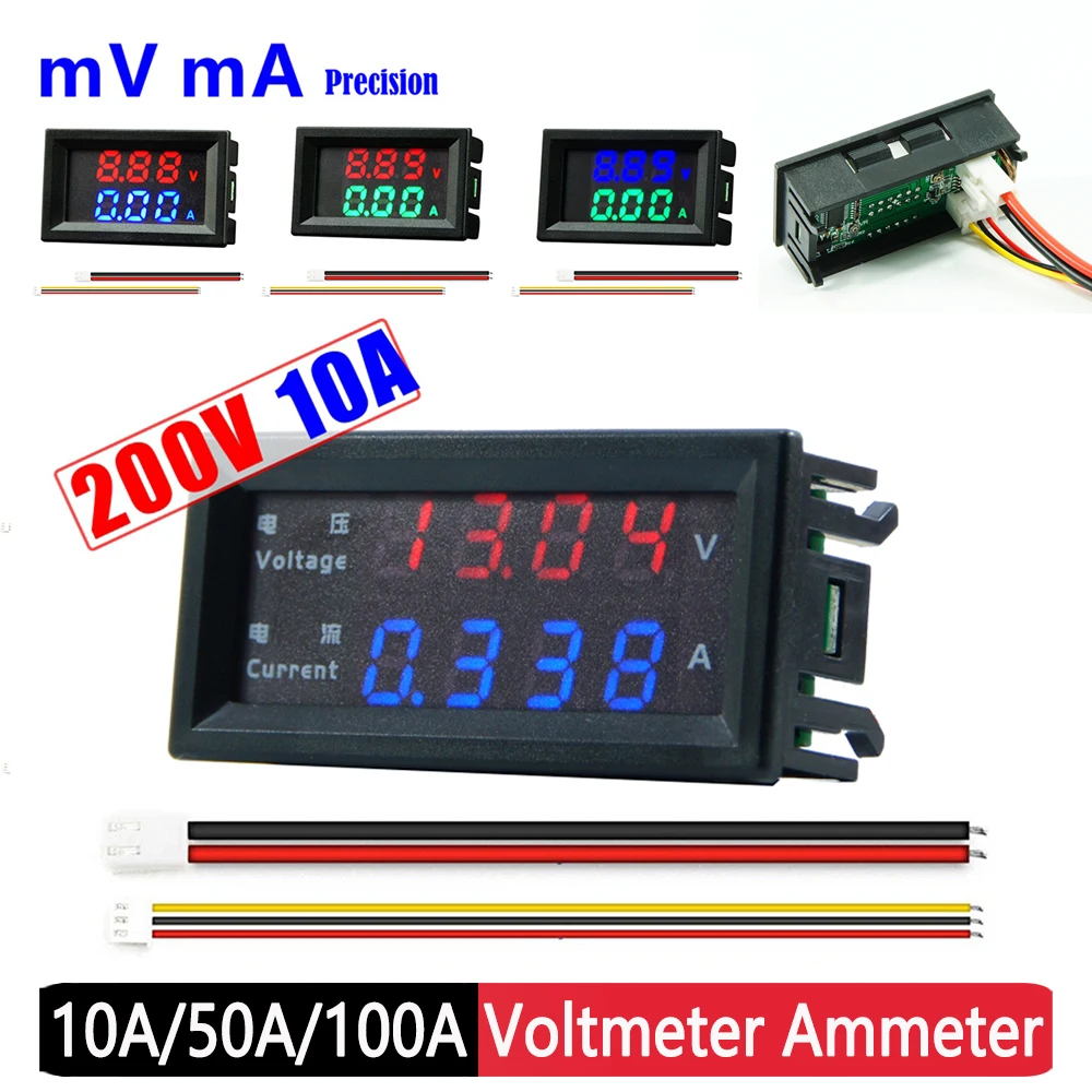 DC 200V 10A Digital Voltmeter Ammeter Red Blue Green LED Dual Display Voltage Detector Current Meter Panel Amp Volt Gauge