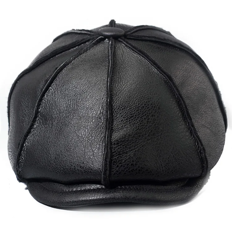 Leather men's octagon warm fashion peaked cap in the old cotton thickened fur one