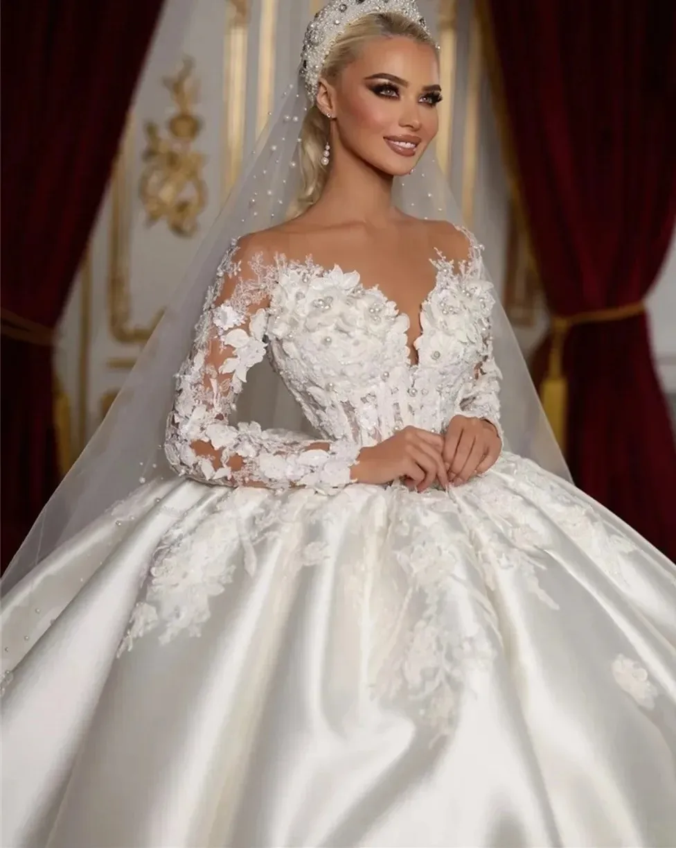 

Vintage Wedding Dress 2026 Sheer Neck Long Sleeves Illusion Lace Applique Satin Church Bride Bridal Gowns vestido de novia