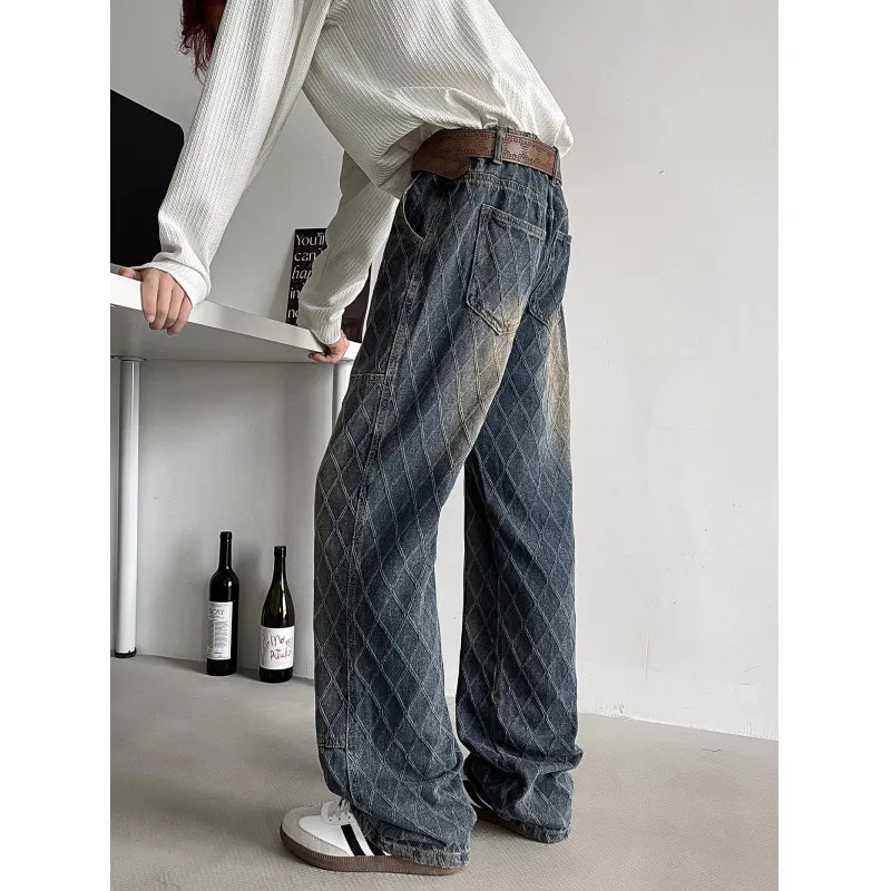 

Мужские джинсы премиум-класса с принтом, облегающие летние новые модные клетчатые износостойкие длинные брюки, модель универсальных повседневных брюк