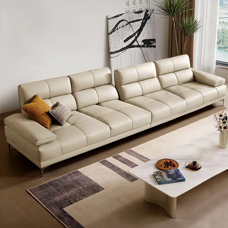 

Sofa leather adjustable backrest sofa Italian straight row living room sofa small apartment super deep sitting wide