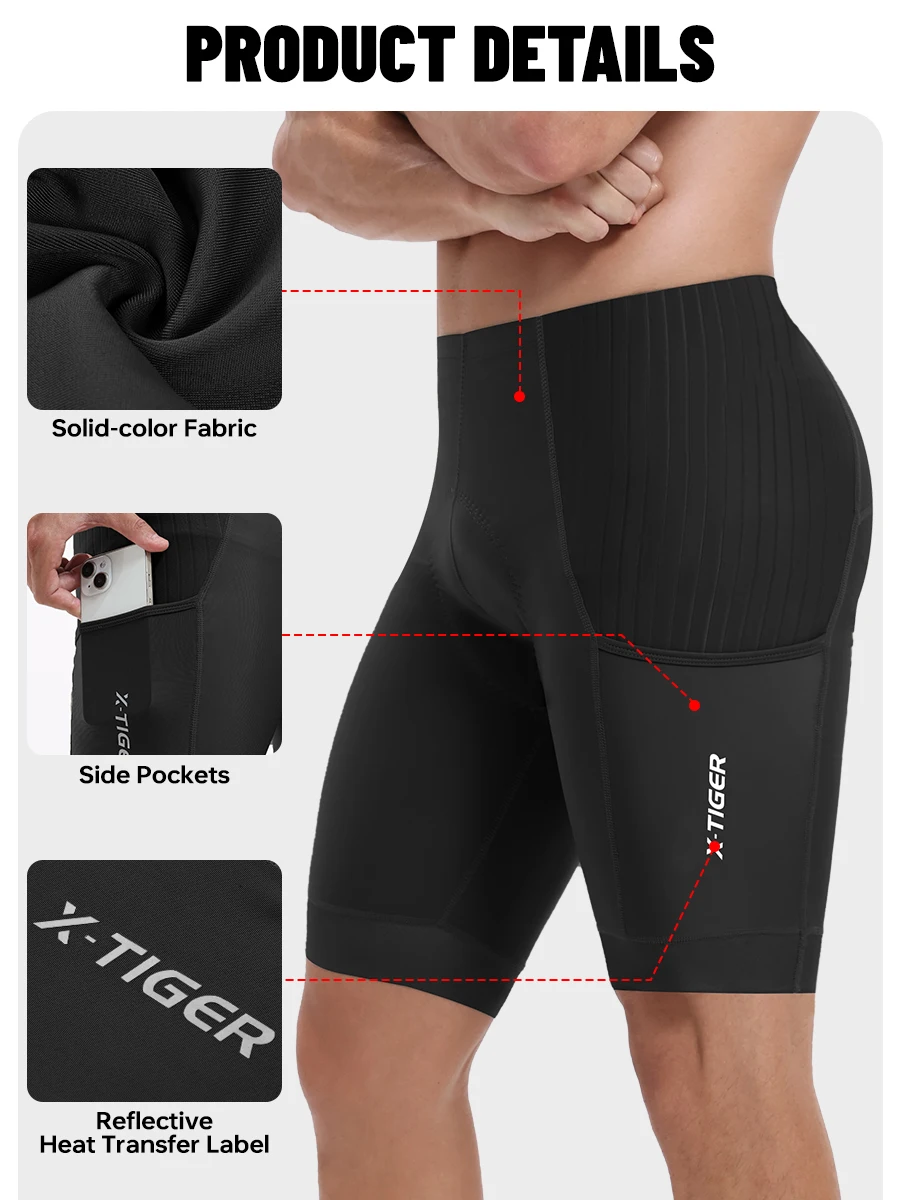 X-TIGER Herren-Fahrrad-Radhose, stoßdämpfendes Schwammpolster, MTB-Rennrad-Shorts, Sommer, atmungsaktiv, schmale Passform, Radhose – Detail 3