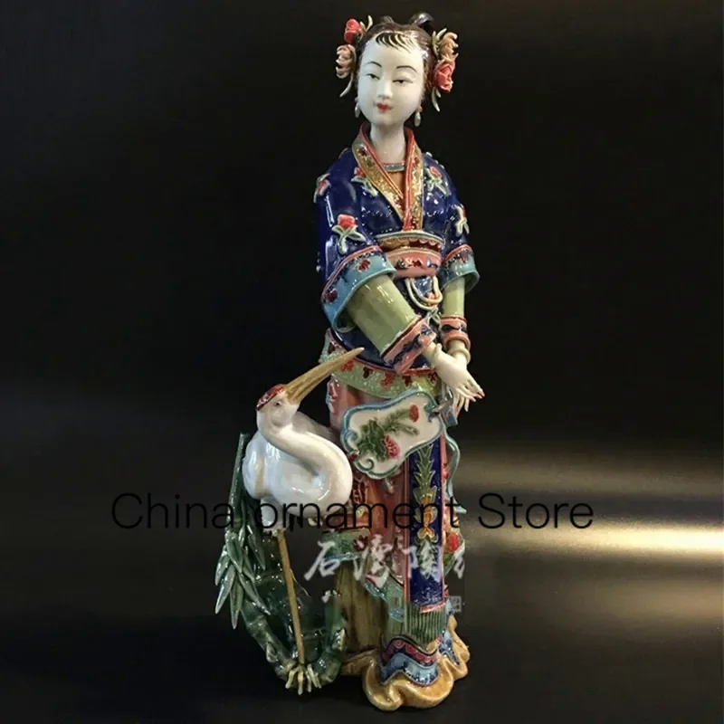 

Chinese Style Decor Ceramic Craft Home Decoration Classical Enamel Beautiful Women Statue Lady Crane Art Sculpture