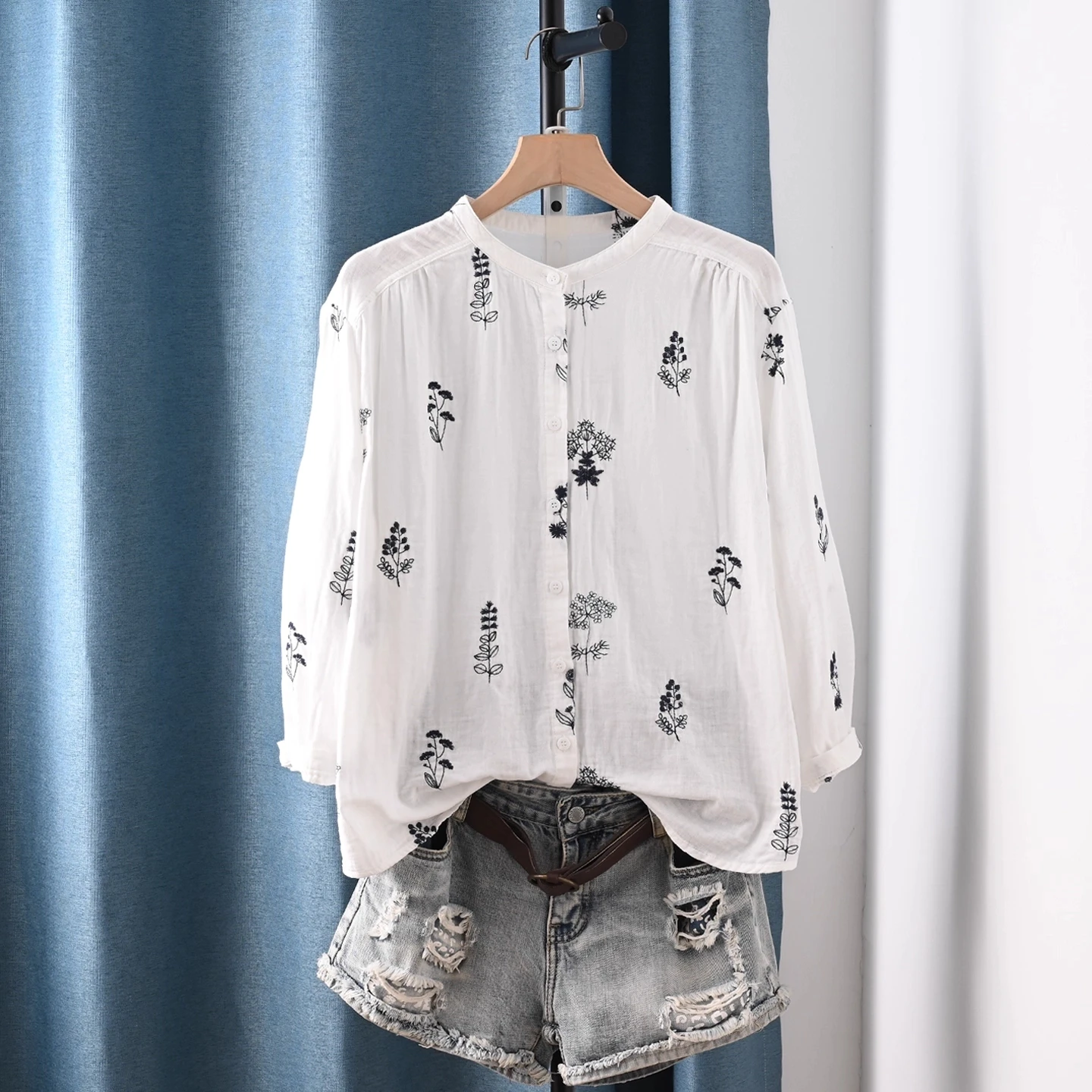 

Enianechu, осенние блузки из чистой хлопчатобумажной пряжи, женский тренд 202, темно-синие, белые рубашки с принтом листьев растений, художественная женская одежда