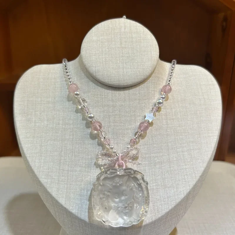 White crystal cat necklace transparent relief cute cat pendant girl heart pink bead bow crystal necklace