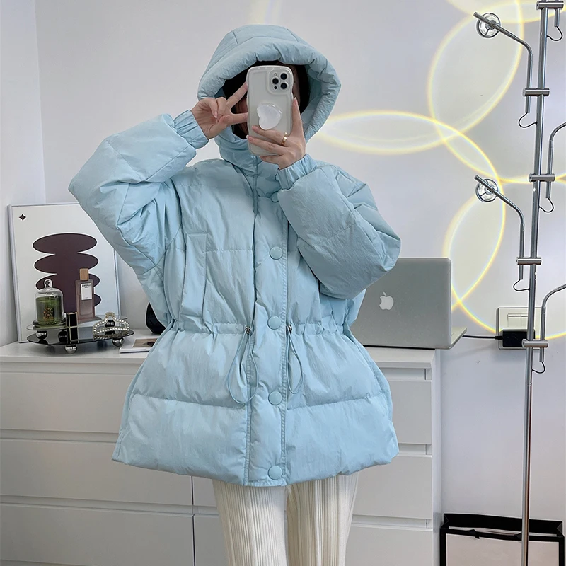 2022 New Autumn Winter Jacket Waist Down Coat Women's Mid-length Warm Hooded Bread Jacket Female's White Duck Down Jackets