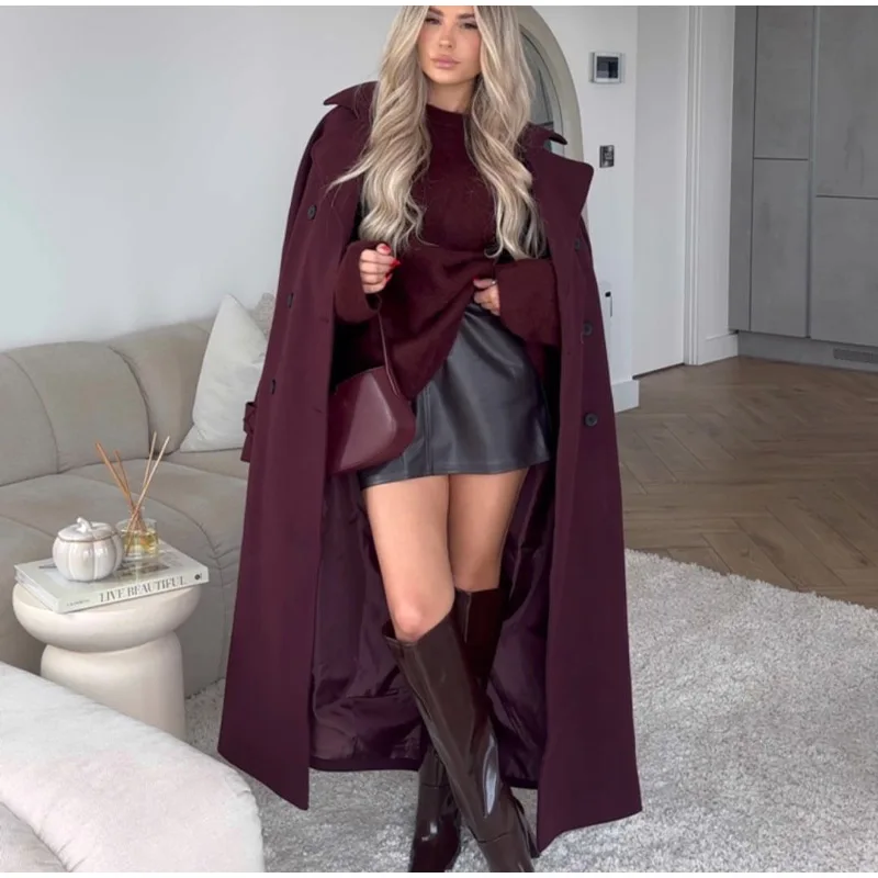 Elegant Burgundy Woolen Overcoat With Belt For Women Long Sleeve Lapel Loose Long Trench 2024 Autumn High Street New Lady Coats