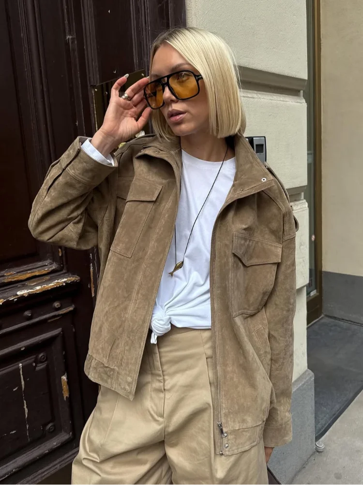 

Fashion Stand Collar Suede Jacket Women Long Sleeve Pockets Zipper Loose Bomber Jacket 2025 Autumn Lady High Street Outwear