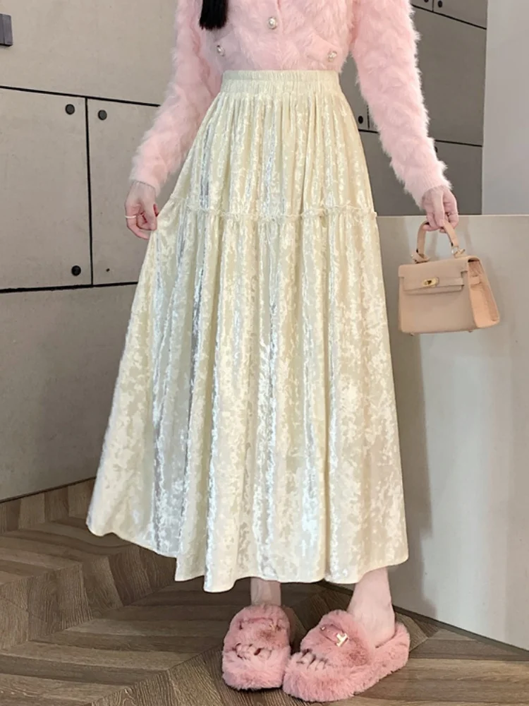 

SMTHMA New Autumn winter French dyed shiny silk gold velvet skirt with lace splicing long skirt A-line skirt