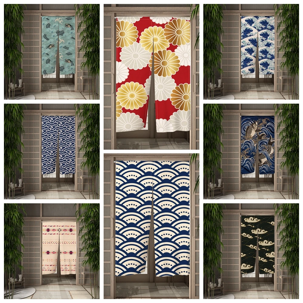 Japanese Door Curtain Kanagawa Waves Printed Partition Kitchen Doorway Restaurant Decor Noren Washable Half-Curtain