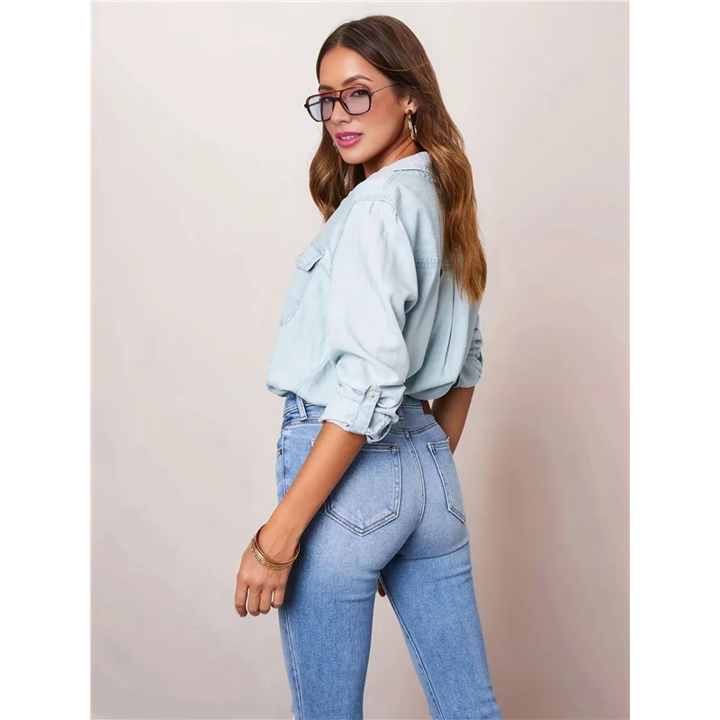 

ASDS-Women Button Down Denim Shirts Casual Long Sleeve V Neck Chambray Blouse Top
