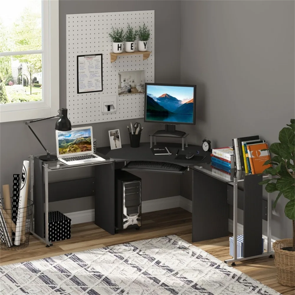 

L-shape design with symmetrical desks save space, Black, for livingroom,home office,computer desk