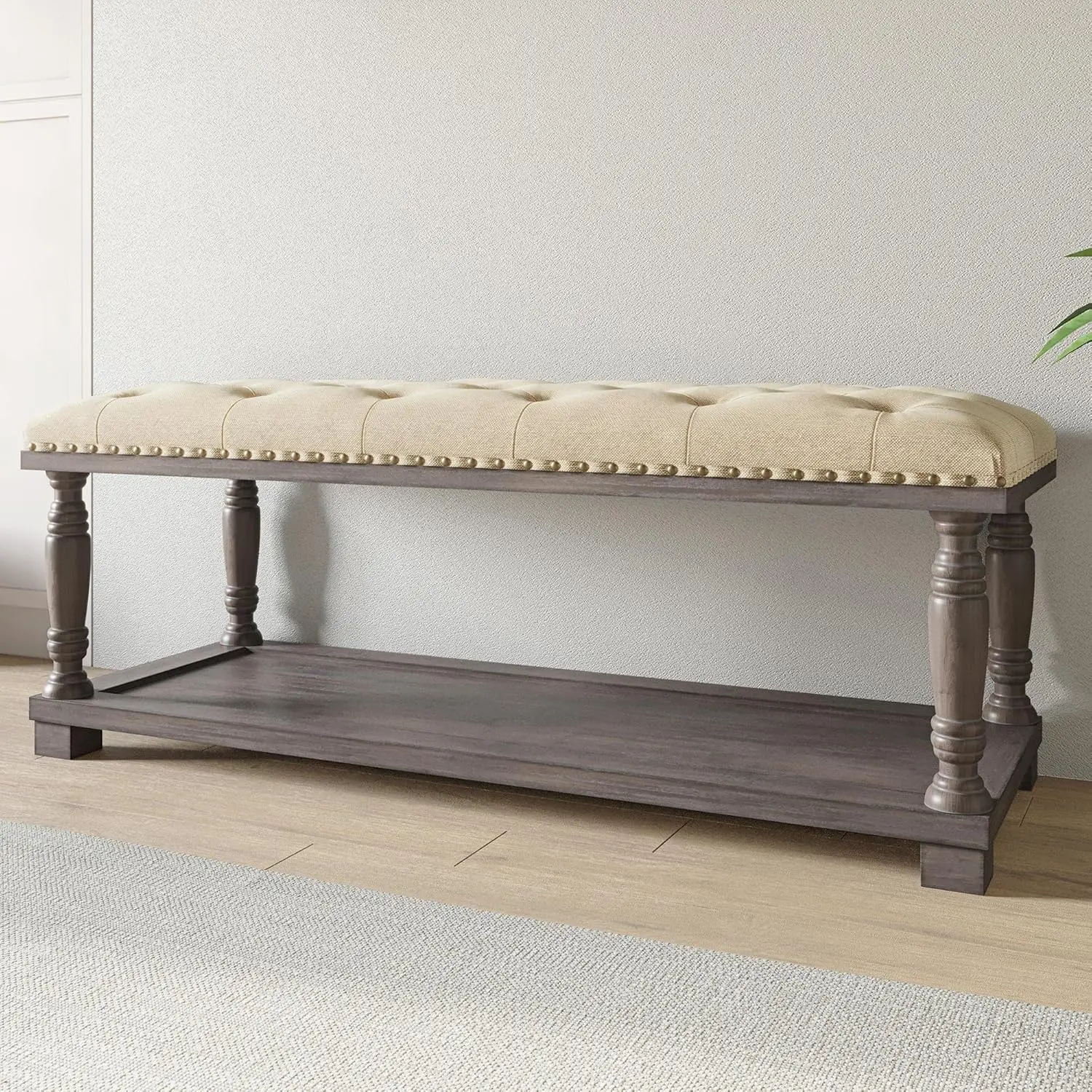 Banco otomano tapizado Rectangular grande, Banco de lino copetudo con estante de madera de almacenamiento, reposapiés otomano para cama, 46 H
