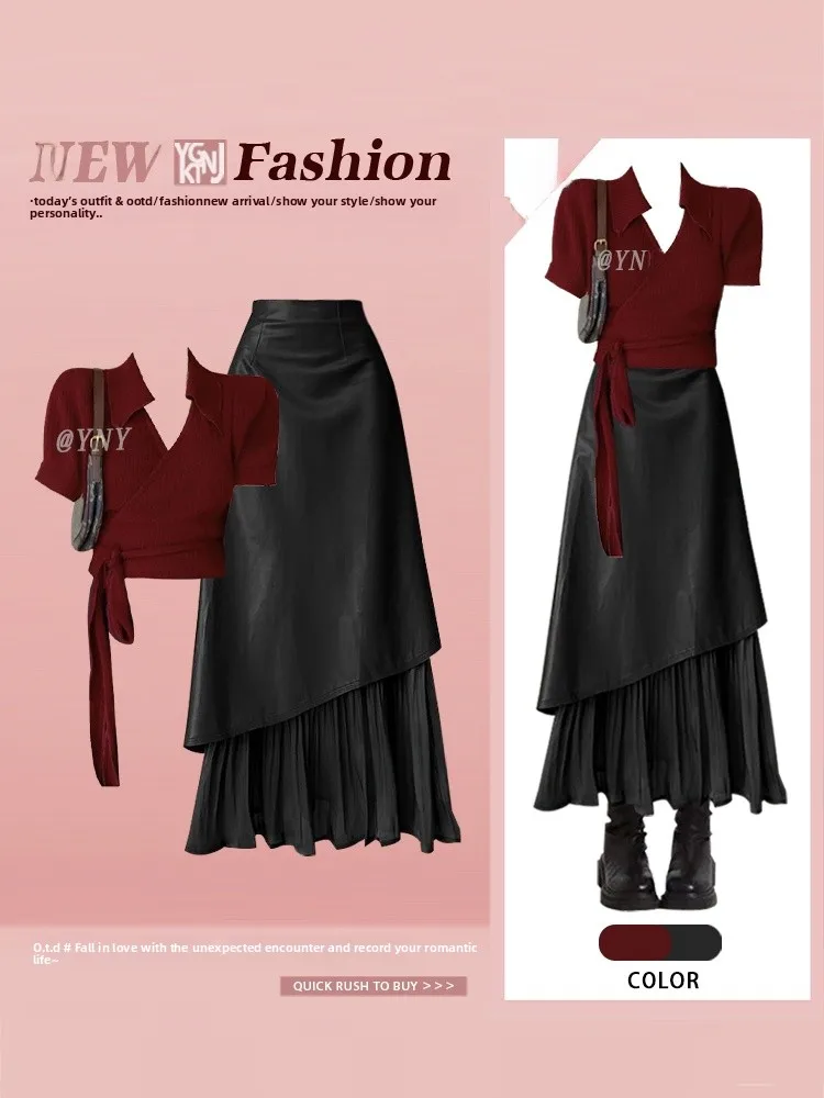 Retro Hong Kong Sle Simple Deep Red Collared ort Sve T-irt And Asymmetrical  Skirt Two-Piece Set Faionable Wom...